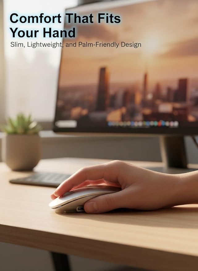 RAPIQUE R306 Pro Wireless Mouse – Bluetooth & 2.4G, Connect Up to 3 Devices, Type-C Rechargeable, Silent Click, Slim Portable Design for Laptop, Tablet & MacBook – White to Black Gradient