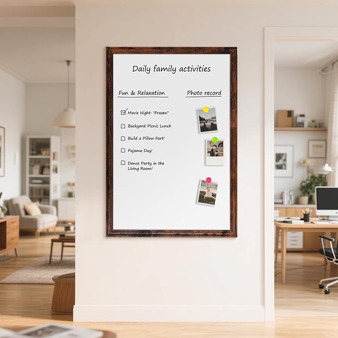 Large White Board for Wall, 46.5''x34.7'' Magnetic Dry Erase Board, 4'x3' Decorative Whiteboard with Brown Vintage Wooden Frame, Hanging Writing Board for Home Office School Dorm