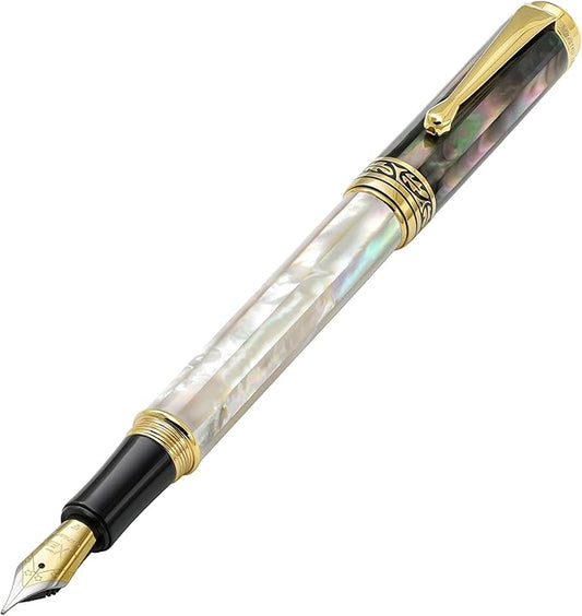Xezo Maestro Fountain Pen, Fine Nib. Iridescent Oceanic Origin White and Black Mother of Pearl with 18 Karat Gold Plating. Handcrafted, Limited Edition, Serialized, No Two Pens Alike