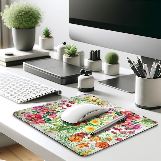 Watercolor Floral Mouse Pad 9.5"x 7.9", Reinforced Stitched Edges, Durable Anti-Slip Gaming & Office Mat Desk Decor, Abstract Colorful Flowers Design Romantic Rose Blooms Daisies