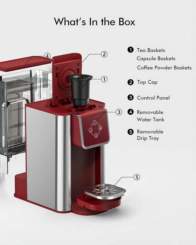 SIFENE Single Serve Coffee Machine, 3-in-1 Pod Coffee Maker for K-Pod Capsule, Ground Coffee, and Leaf Tea with 6-10 oz Cup Size, 50 oz Removable Water Reservoir, Red