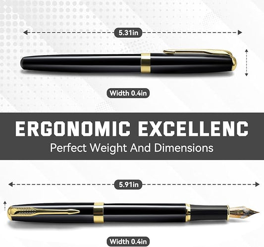 Black Luxury Fountain Pen for Men and Women with Gift Box, Black Lacquer with Gold Trim, Medium Nib, Journaling, Calligraphy, Smooth Writing Pens, Office, Father's Day Gift
