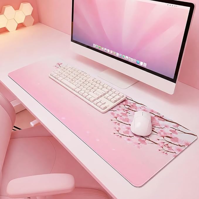 11.8x23.6 Inches Large Gaming Mouse Pad Mat with Stitched Edge Non-Slip Rubber Base Washable Resilient for Office Computers Laptop Table Mouse Pads Mats Accessory (Pink Flowers)