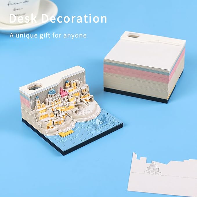 Santorini Memo Pad 3D with Light,Kawaii Memo Pad Non-Stick 3D Sticky Notes,3D Art Craft Note Pad Three-Dimensional Paper Art Notepad with Pen Holder Silhouette DIY Creative Gift