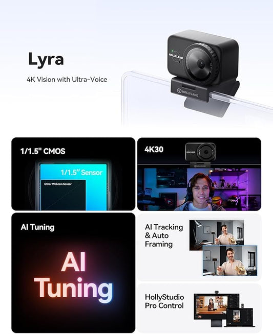 Hollyland Lyra Webcam UHD 4K Webcam for PC, 1/1.5" Sensor, Auto Framing, PDAF, Control for Live Streaming, Video Calls, Gaming, Works with Zoom, Teams, Twitch & More