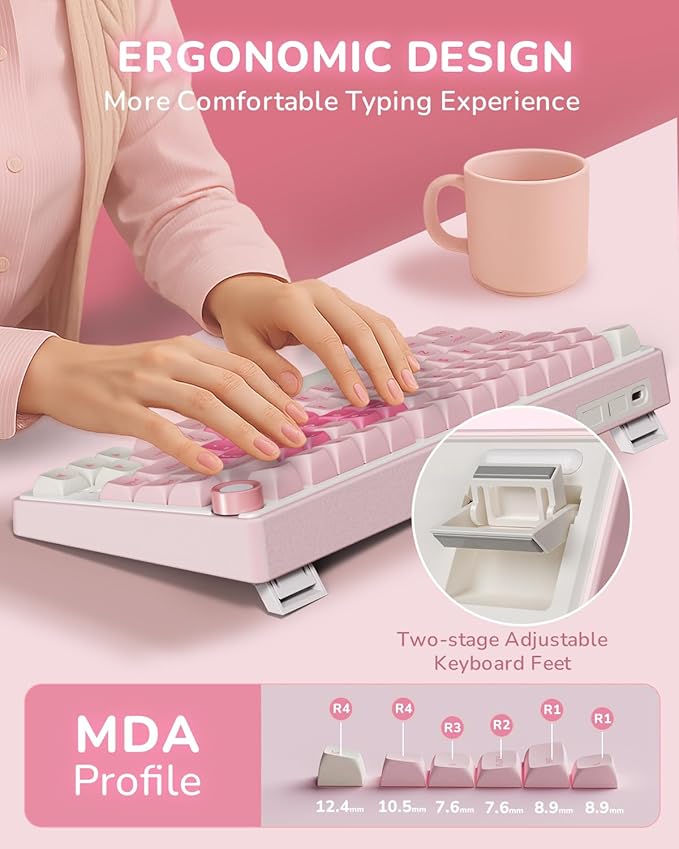 RK ROYAL KLUDGE R75 Mechanical Keyboard Wired with Volume Knob, 75% Keyboard Gasket Mounted, Hot Swappable, Creamy Sound, MDA Profile, PBT Keycaps, Pink