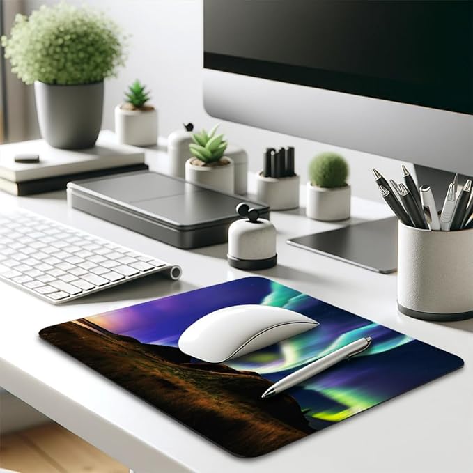 Aurora Borealis Mouse Pad 9.5"x 7.9", Reinforced Stitched Edges, Durable Anti-Slip Gaming & Office Mat Desk Decor, Spectacular Alaskan Northern Lights Meadows Scene at Night