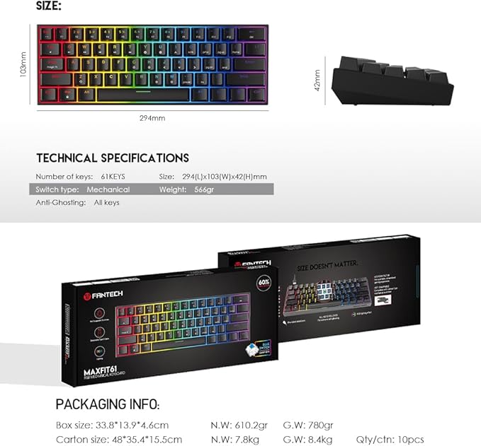 FANTECH MAXFIT61 RGB Wired 60% Mechanical Keyboard, 61 Keys Hot Swappable Type-C Programmable Gaming Keyboard, Blue Switch, Black
