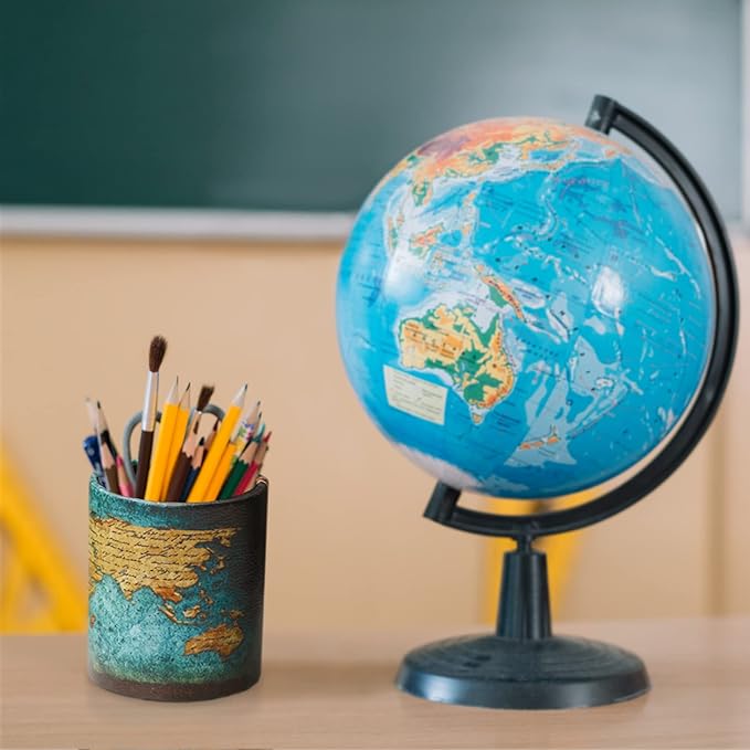 DreamsEden Vintage Pen Pencil Holder Cup Retro Pattern Desk Organizer for Home Office Bedroom (Blue World Map Round)
