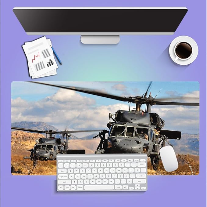 Large Gaming Mouse Pad (31.5" x 15.8") - UH-60 Black Hawk Military Helicopter Gunship Fighter Aircraft, Extra XXL Office Accessories, Premium Stitched Anti-Slip Patriotic Desk Mat