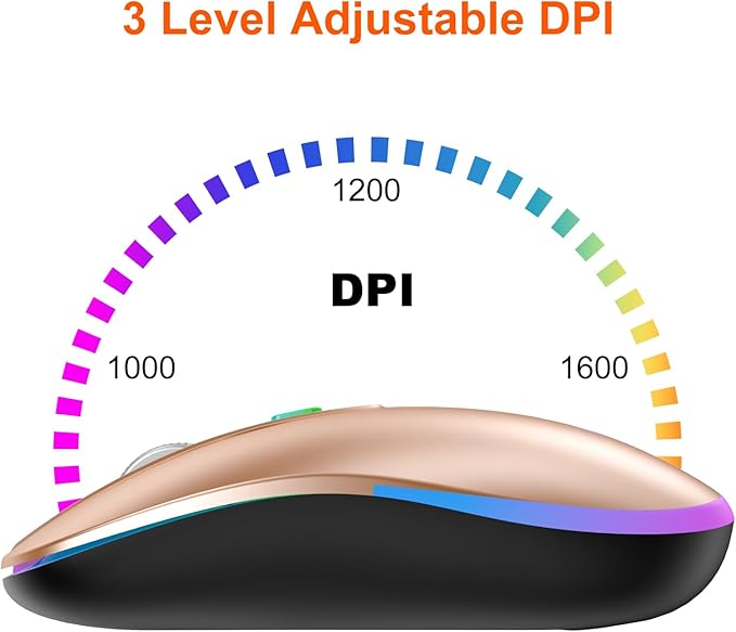 HZD Wireless Rechargeable Mouse,2.4G Portable Slim Silent Mouse with USB Receiver & Type C Adapter,3 Adjustable DPI 1600/1200/800 for Laptop/Computer(Champagne)