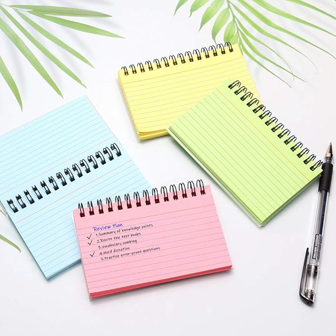 Koogel 3x5 Index Cards Ruled With Ring, 400 PCS Colored Spiral Flash Cards with Waterproof Covers, Heavy Weight Notecards with Spiral for Studying Learning Memory School College, 4 Colors