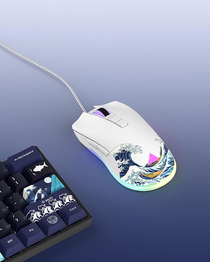 COSTOM Womier G705 USB Wired Gaming Mouse for PC Computer Windows Mac Laptop, Lightweight Silent RGB Backlit Mouse with Adjustable 12000DPI/7 Programmable Side Buttons,White Kanagawa Theme
