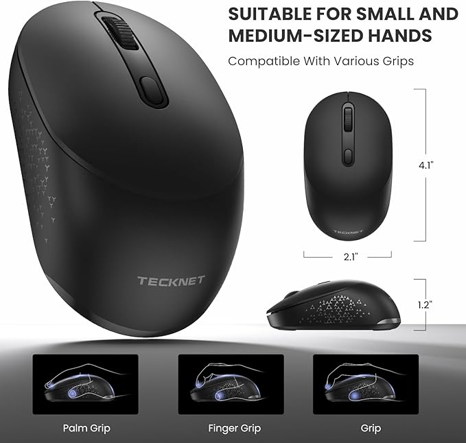 TECKNET Bluetooth Mouse, BT 5.2/3.0 and 2.4G Computer Mouse for Laptops, Small to Medium Size, Silent Click, 2-Level Adjustable DPI, 18-Month Battery, Compatible with Windows, MacOS and ChromeOS