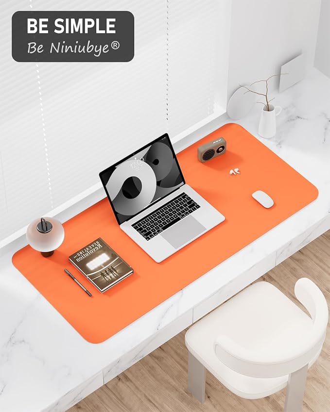 Desk Pad, 30" x 14" PU Leather Non-Slip Desk Mat Large Mouse Pad for Desktop, Waterproof Laptop Computer Writing Mat for Office, Home, Work, Gaming, Orange