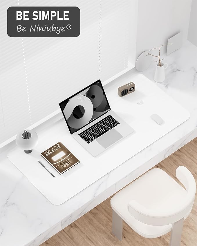 Desk Pad, 35.5" x 17" PU Leather Non-Slip Desk Mat Large Mouse Pad for Desktop, Waterproof Laptop Computer Writing Mat for Office, Home, Work, Gaming, White