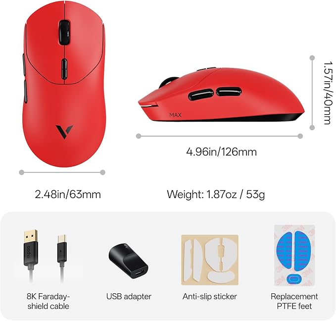 Rapoo VT2 MAX Wireless Gaming Mouse, True 8K Wireless Polling Rate, 53g Lightweight, Up to 750 Hr Battery, Nordic nRF54L15 MCU, 120-Million Optical Switch, 10 Programmable Buttons, Macro Enabled