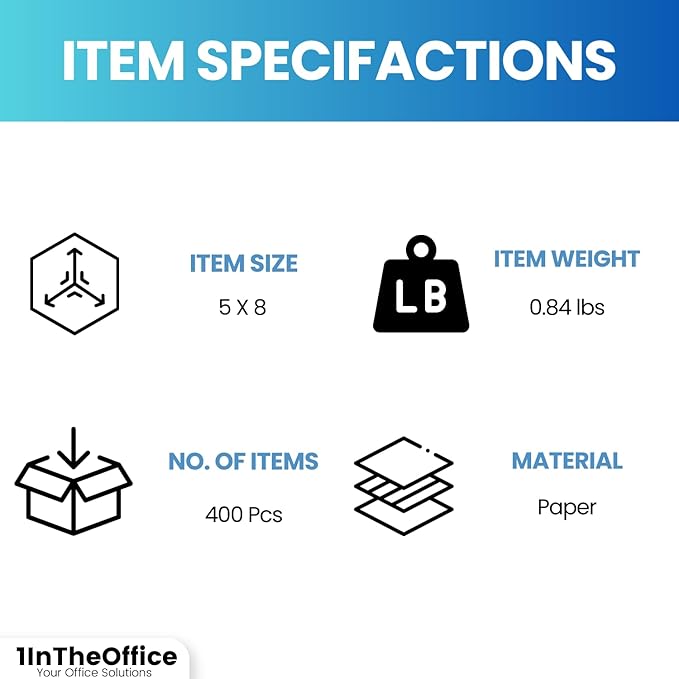 1InTheOffice Index Card Ruled 5X8 Blank, Note Cards, Flash Cards, Legal White Large Index Card, 400 Pack