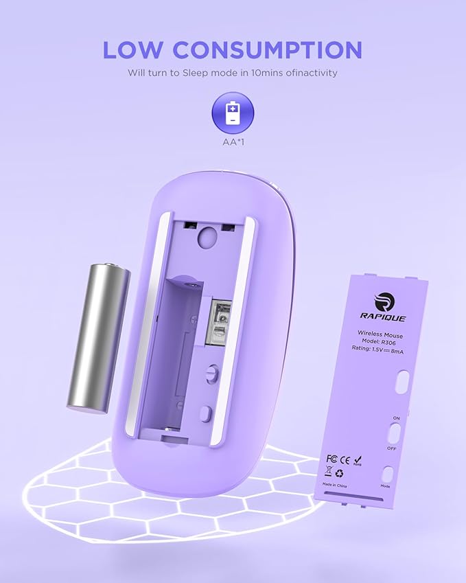 RAPIQUE Wireless Bluetooth Mouse, Purple, 1600 DPI, Long Battery Life, Dual Connectivity, Quiet Click, High-Precision Optical Tracking, Versatile Compatibility