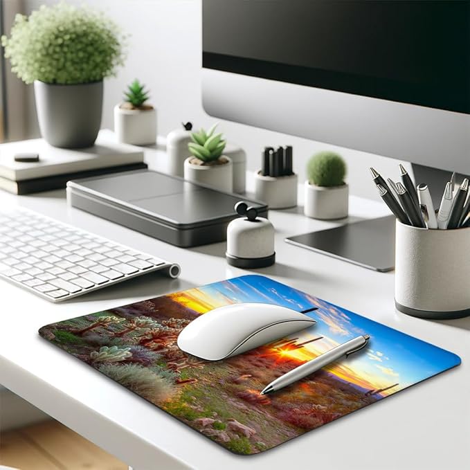 Saguaros at Sunset Scenery Mouse Pad 9.5"x 7.9", Reinforced Stitched Edges, Durable Anti-Slip Gaming & Office Mat Desk Decor, North American Nature Landscape Botanical Cactus in Sonoran Desert