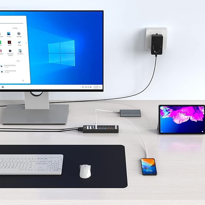 11-Port USB 3.0 Splitter (7 Data Transfer Ports + 4 Smart Charging Ports), Powered USB Hub with Individual LED On/Off Switches and 12V/3A Power Adapter