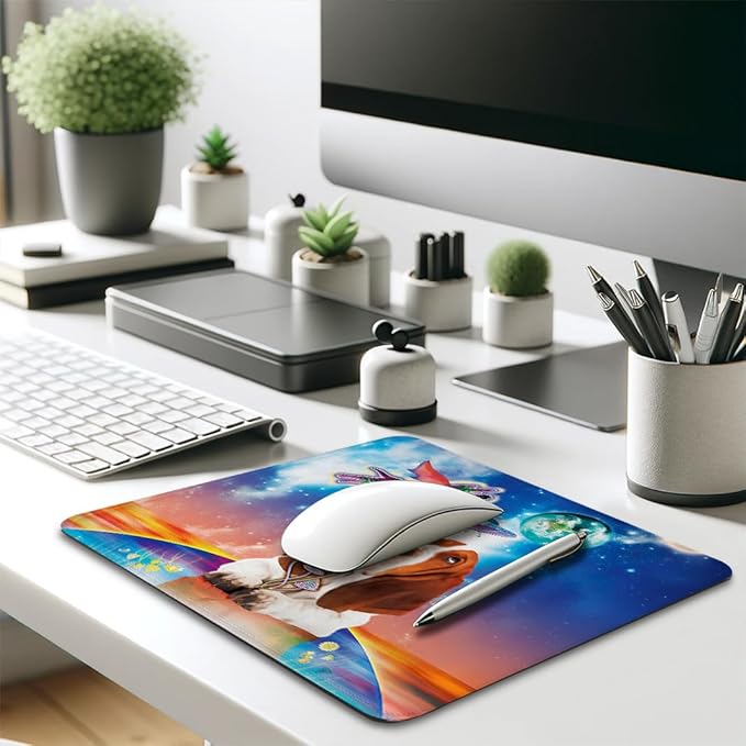 Super Space Cat Mouse Pad 9.5"x 7.9", Reinforced Stitched Edges, Durable Anti-Slip Gaming & Office Mat Desk Decor, Funny Cosmic Animals Flying Kitten Dog Mushroom UFO Planet Vibrant Fantasy