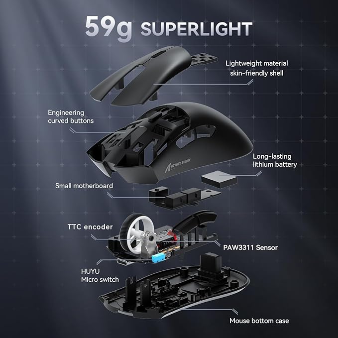 ATTACK SHARK X68 HE Wired Rapid Trigger Mechanical Gaming Keyboard and R1 Mouse with Adjustable Actuation,Coiled Cable,USB C/2.4Ghz Wireless/BT Ultralight 18K DPI Mice for Esport Gamer(Black Contour)