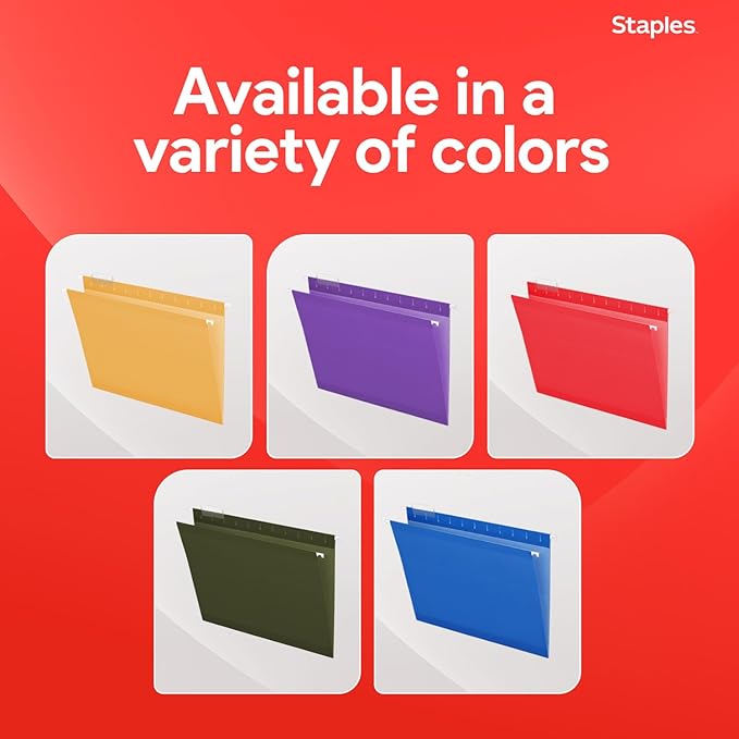 Staples Hanging File Folders, Letter Size, Yellow, 5‑Tab, Durable Construction – 25/Box