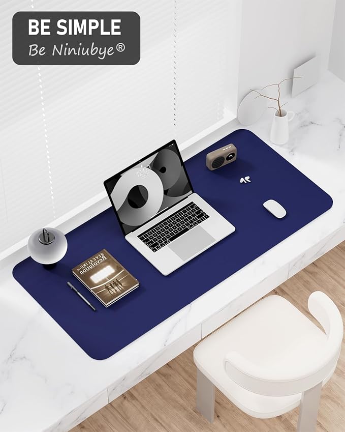Desk Pad, 35.5" x 17" PU Leather Non-Slip Desk Mat Large Mouse Pad for Desktop, Waterproof Laptop Computer Writing Mat for Office, Home, Work, Gaming, Violet Blue