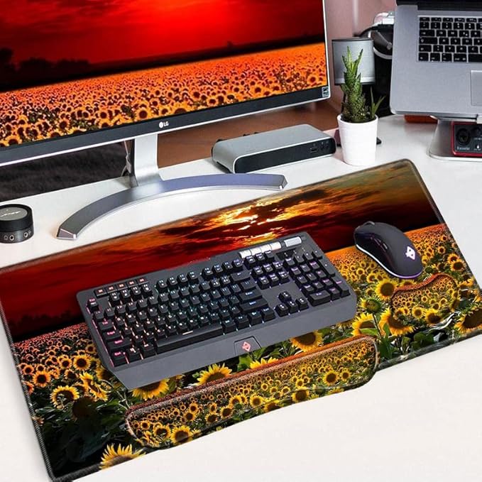 Sunflower Keyboard and Mouse Pad Gaming Desk Mat Set Large Mousepad with Wrist Rest XL Desk Pad Extended Computer Mats 31.5" x 15.75" Mouse Mat for Desktop Women