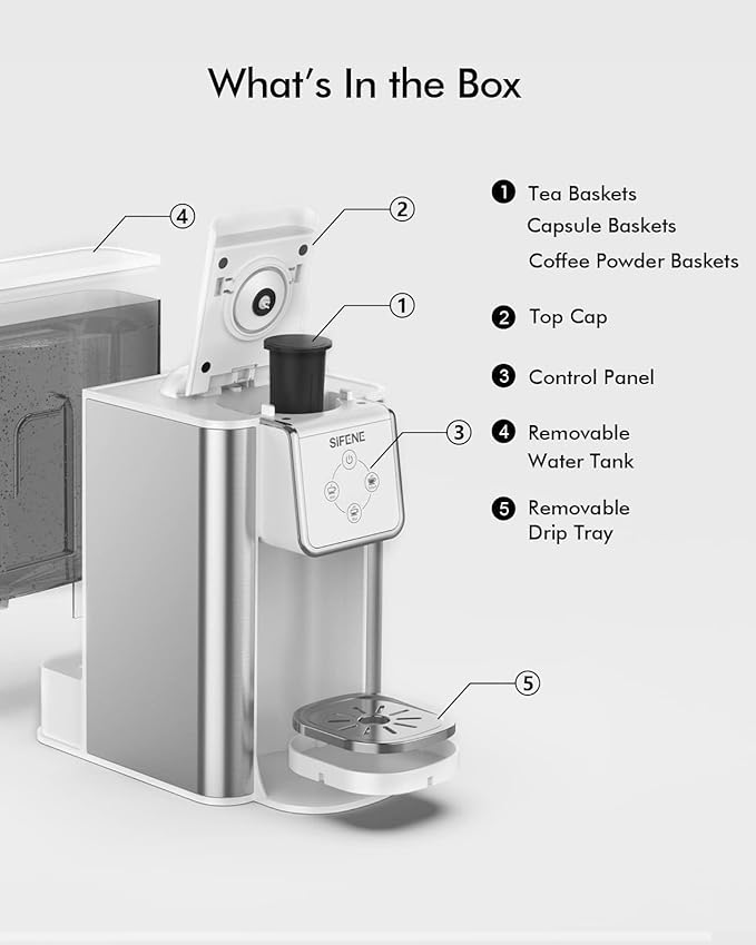 SIFENE 3-in-1 Single Serve Drip Coffee Machine, Compact K-Cup/K-Pod Compatible Brewer for Ground Coffee & Tea, 50oz Removable Water Reservoir, Multiple Brew Sizes, Auto Shut-Off