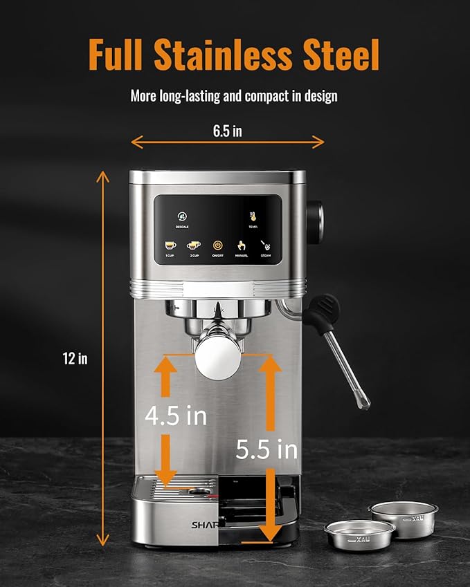 SHARDOR Espresso Machine 20 Bar, Professional Espresso Machine with Milk Frother and Touchscreen, Expresso Coffee Machines with Adjustable Temperature,for Cappuccino, Latte, Stainless Steel, Silver