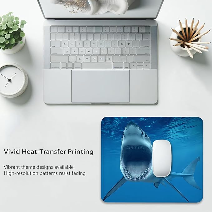 Great White Shark Anti-Slip Rubber Base Gaming & Office Mouse Pad with Stitched Edges 9.5 x 7.9 Inch, Blue Ocean Fish Durable Smooth Fabric Surface Desk Mat