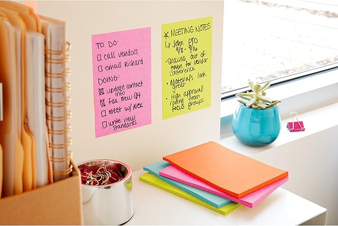 Post-it Super Sticky Lined Notes, 4 Sticky Note Pads, 4 x 6 in., School Supplies, Office Products, Sticky Notes for Vertical Surfaces, Monitors, Walls and Windows, Energy Boost Collection