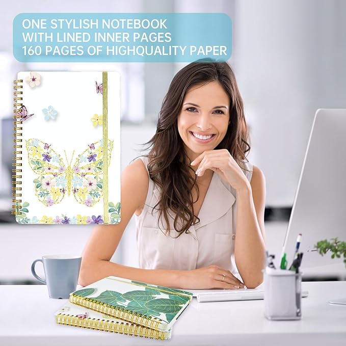 Mlife A5 Lined Spiral Bound Notebook,160Pages,100g/m²Journals,8.5 "X 6" Notepad Ring Binder,Notebooks with Pockets,Elastic for Adult Diary&Bullet Journal(Butterfly)