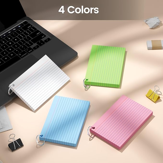 160-Pack Colored Index Cards 4x6 Inch w/Key Ring – 180gsm Heavyweight Flashcards – 4 Vibrant Colors Flash Cards (White Pink Blue Yellow) Perfect for Study, Notes & Memory, Students School Supplies