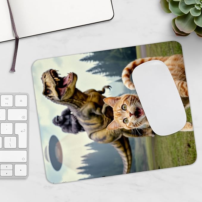 Mousepad Funny Cat Gorilla Riding Dinosaur with UFO Alien Scene Hilarious Animal Mashup Unique Fantasy Humor Desk Accessory Cool Sci Fi Style Computer Mouse pad Novelty Gaming Mouse Mat Creative