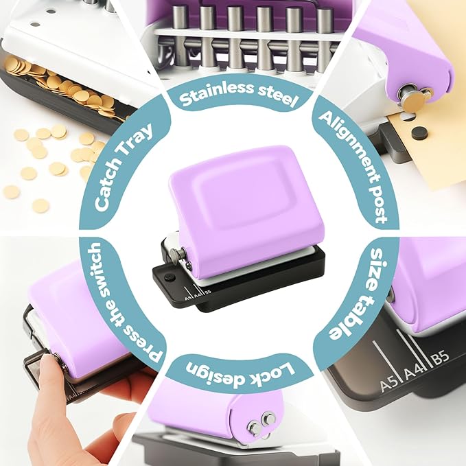 Spiral Binding Machine-Mini 6 Hole Puncher, DIY Creative Book Binder Machine for Planner, A4-30 Holes, A5-20 Holes, B5 26 Holes with 16 PCS 6-Hole Loose Leaf - Purple