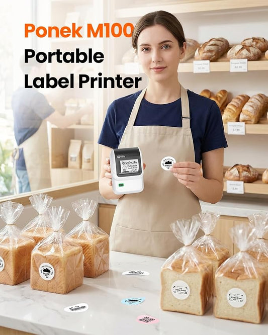 M100 Label Maker Machine with 3 Tapes, Portable Bluetooth Thermal Printer | 2 inch Label Printer Easy to Use Sticker Printer for Small Business, Home, School, Organization,, Office, Warehouse, White