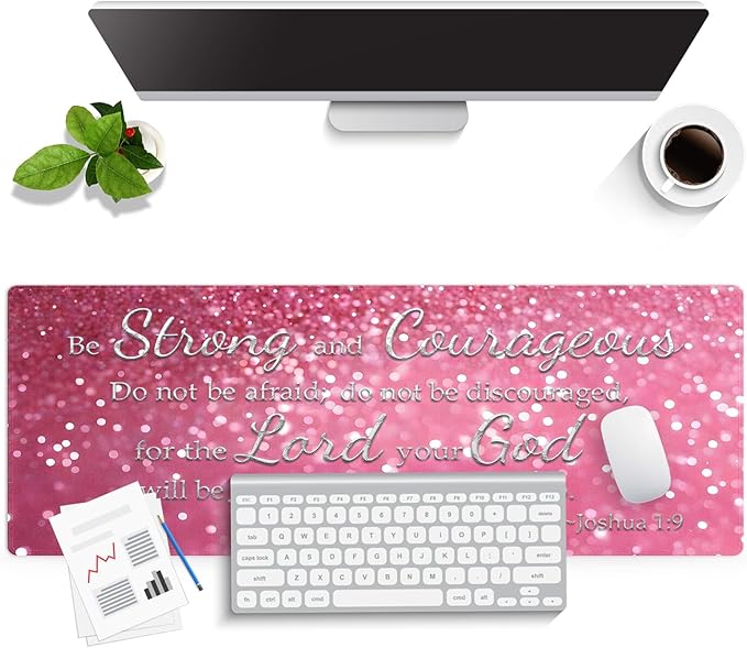 knseva. Large Gaming Mouse Pad with Stitched Edges, Be Strong and Courageous Inspirational Quote Joshua 1:9 Bible Verse Scripture Pink Glitter Background, Anti-Slip Waterproof XXL Extended Desk Mat