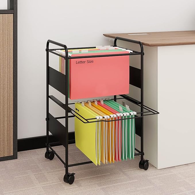 PUNCIA 2-Tier Metal Rolling File Cart with Wheels and Hanging Files for Letter Size - Movable Pull-Out Folder Rack Drawer Cabinet for Home Office