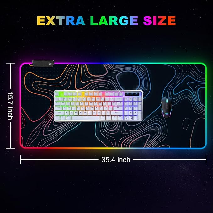 ARTSO RGB Gaming Mouse Pad, Large Extended Soft Led Mouse Pad with 14 Lighting Modes 2 Brightness, Water Resist Keyboard Pad, Computer Mousepads Mat 35.4x15.7inch, Colorful Abstract Lines
