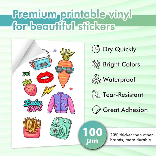 Koala Printable Vinyl Sticker Paper for Inkjet Printer - 100 Sheets Sticker Printer Paper Matte White, Waterproof Sticker Paper 8.5x11 Inch, Work with Cutting Machine | Waterproof, Removable, Work with Cutting Machine, White, 8.5x11 Inch, for Crafts, C...