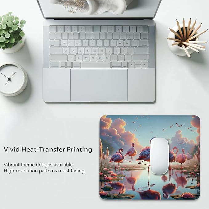 Flamingo Anti-Slip Gaming & Office Mouse Pad with Stitched Edges 9.5 x 7.9 Inch, Blush Tone Atmosphere of Dreamy Lake and Exotic Birds Under Cloudy Sky Durable Smooth Surface Desk Mat