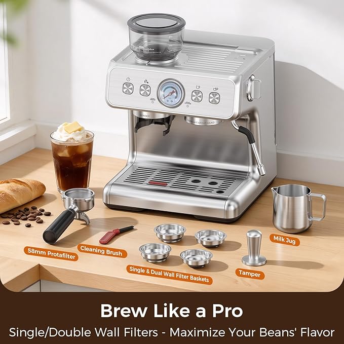 Electactic 15 Bar Espresso Machine with Grinder & Milk Frother, 58mm Expresso Coffee machines, Stainless Steel Coffee Maker for Cappuccino and Latte, Perfect for Home and Café Use-Dual Boiler