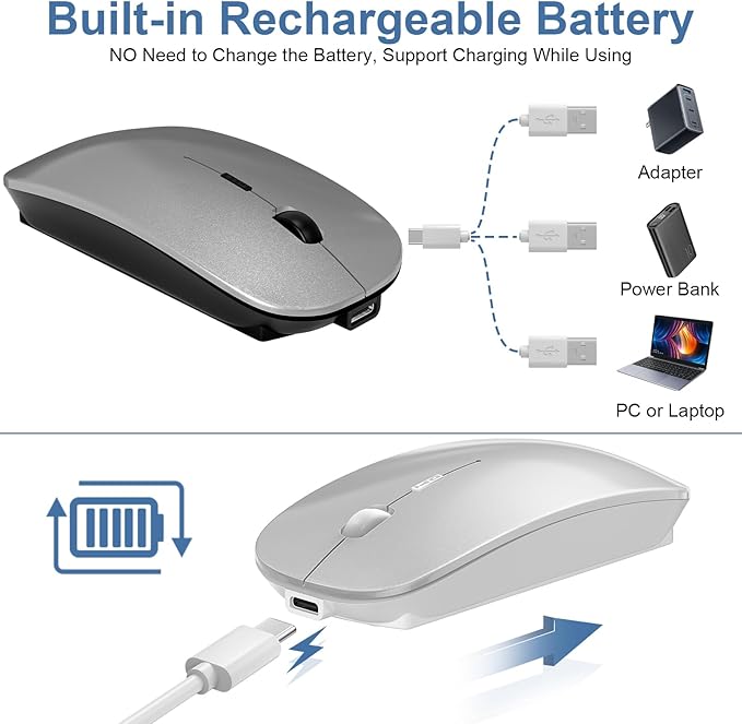 Wireless Bluetooth Mouse for Mac Air MacBook Pro Laptop PC Pad Optical Rechargeable Silent Mouse with Jiggler Mode Dual Mode Switch Bluetooth 5.2/3.0 and 2.4G USB-A & USB-C Receiver Black