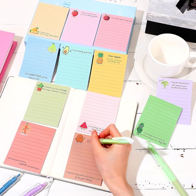 12 Pcs Cute Inspirational Sticky Notes, 4*3 Motivational Notepads Positive Emotional Support Gift Funny Lined Memo Note Pads for Office Desk Supplies Coworker Employee(Fruits,Vegetables)