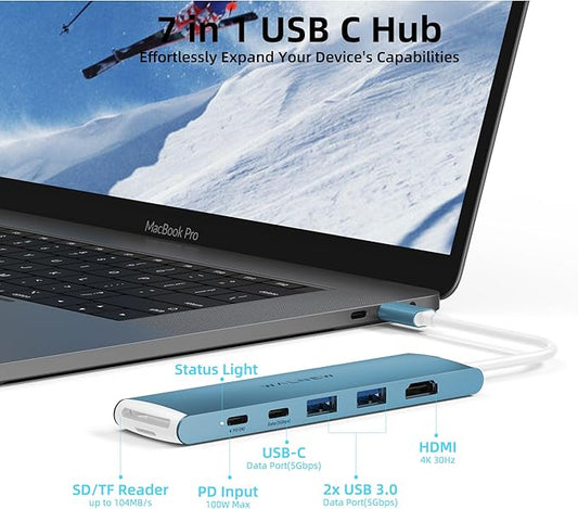 WALNEW 7 in 1 USB-C Hub with 4K HDMI,100W PD,5Gbps Data Port(1 Type-C & 2 USB 3.0),SD/TF Reader, Thunderbolt 4 Dock Multiport Adapter for MacBook Pro Air,Mac,iPad 10/Mini 6,Surface (Blue)