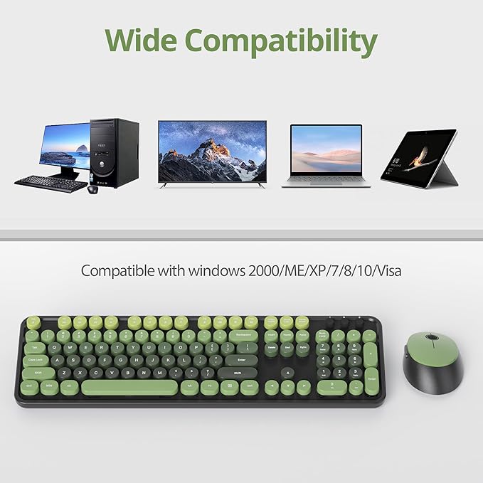 Wireless Keyboard and Mouse Set, Retro Typewriter, 2.4GHz Full Size 104-Key Cute Keyboard with Number Pad, Colorful with Round Keycaps for Windows PC Laptop(Dark Green)