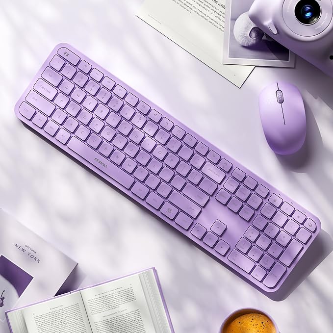 Wireless Keyboard and Mouse Combo - seenda Full Size 2.4G USB Wireless Keyboard Mouse Set, Quiet Cordless Computer Keyboard Mouse for Windows, Laptop, PC - Purple